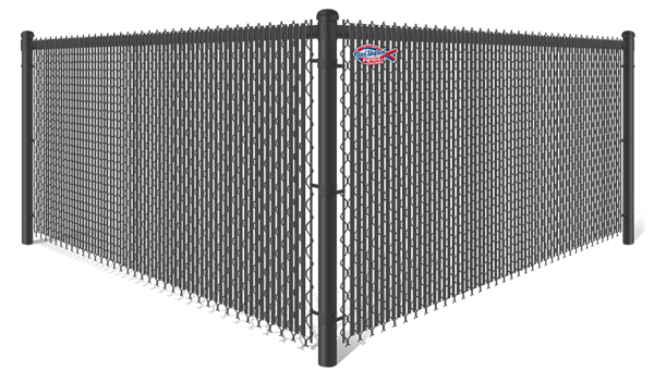 Black commercial chain link fence with black privacy slats in Indianapolis Indiana